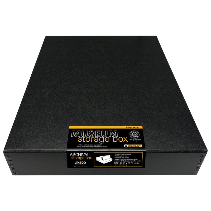 Lineco Museum Archival Storage Box, 16.75x20.75x3 in. Drop Front Design. Acid-Free with Metal Edge. Organize Photos, Pictures, Prints, Documents, Crafts, DIY. Black, 1 Pack - Image 1